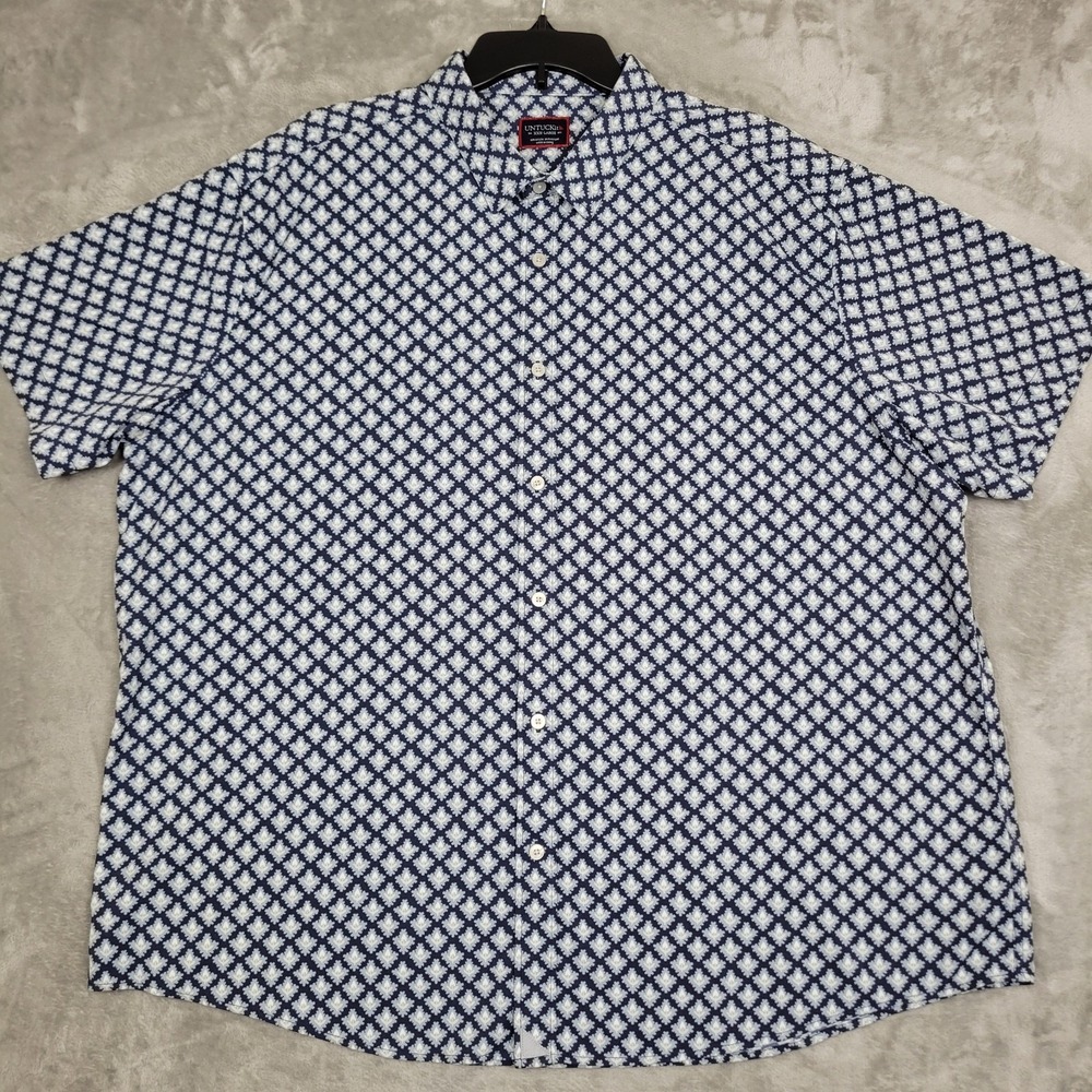 UNTUCKit Mens 3XL Blue Geometric Floral Print Nylon Short Sleeve Button-Up Shirt